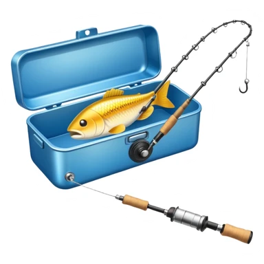 A fishing rod with reel and line neatly coiled beside a bait box. sticker