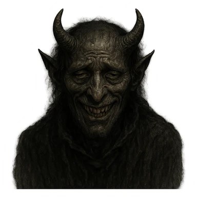 sinister demonic figure with sneering vicious face, sad depressed eyes, pessimistic perpetrator-like presence sticker