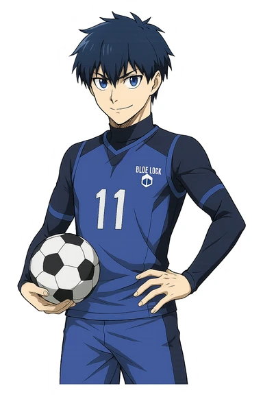 Yoichi Isagi from Blue Lock, anime style, blue hair, holding a soccer ball, confident stance, no background sticker