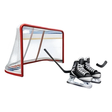 An icon showing a hockey stick, puck, skates, and goalposts on the ice. The background features a large hockey stadium with cheering fans, bright lights, and a snowy landscape visible through the arena. Transparent background highlights the main hockey equipment and atmosphere. sticker