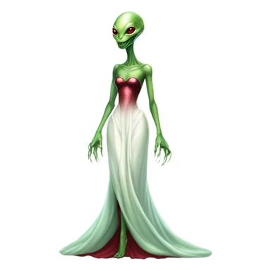 reptilian green alien woman, in long slim pastel color:#FFFFFF formal party satin dress with gradient shiny sparkling dark red, full figure, full body sticker