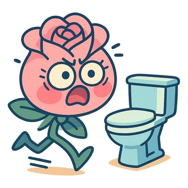 soft pink rose flower, chibi round shape, puffed cheeks, panicked expression, bulging eyes, dashing legs, running frantically to the toilet, pastel tones, full-body sticker