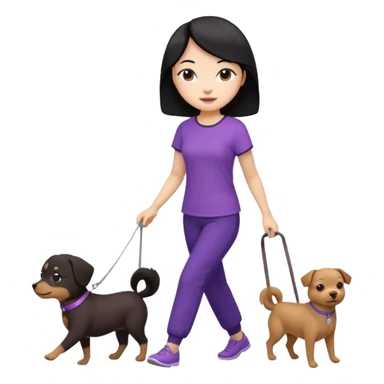 black hair Chinese woman wearing purple top and black pants walking a small brown dog sticker