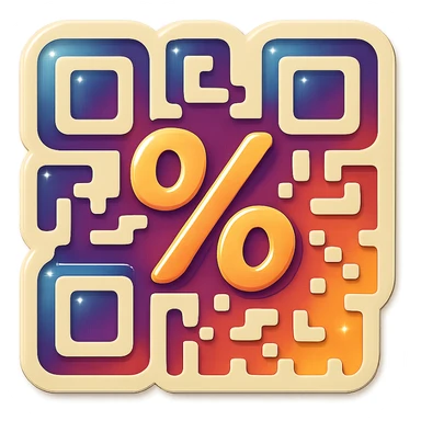 badge featuring a QR code that integrates a large percent sign (%) within it sticker
