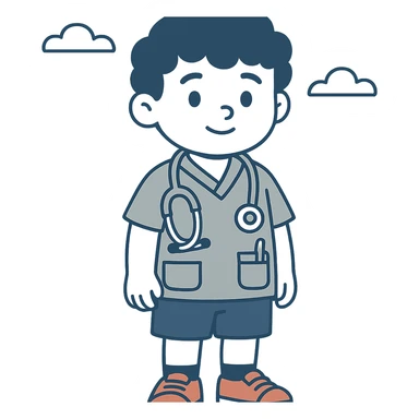 realistic yet stylized 2D character of a cute young boy doctor, around 8–10 years old, soft facial features, big expressive brown eyes, curly brown hair, light blue pediatrician short-sleeve shirt with front pockets (one with pen and tongue depressor), pink and silver stethoscope, blue knee-length shorts, red canvas sneakers with white soles, black socks slightly visible, soft lighting, vibrant colors, warm and friendly, wholesome, game character style for children's educational or hospital simulation games sticker