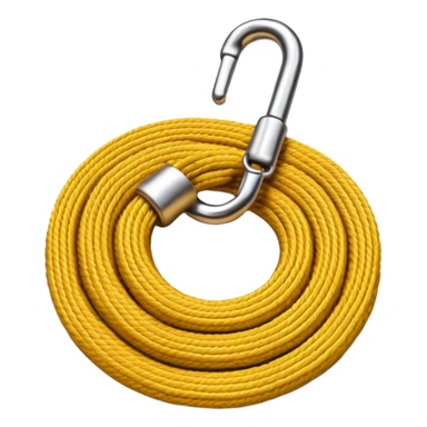 A 3D cartoon coiled climbing rope with a carabiner, golden color, resting on a rocky surface, realistic soft shadows, Memoji-style rendering. negative : Flag. sticker