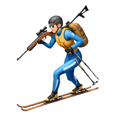 An icon featuring a biathlete skiing along a winding trail with a rifle on their back, surrounded by a beautiful snowy landscape with mountains and pine trees. A target range appears in the distance. Transparent background highlights the blend of endurance, precision, and winter beauty. sticker