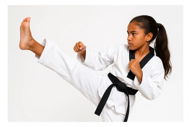 brown-skinned girl with brown hair in a ponytail executing a taekwondo side kick, focused face, white dobok, clean background sticker