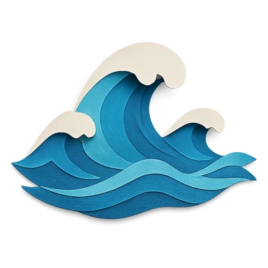 illustration of ocean waves made of layered blue paper with white foam accents in paper-craft style sticker