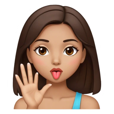 brunette girl, a tone not so dark but not so light, with straight dark brown hair who is blowing a kiss sticker