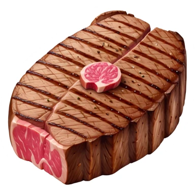Cinematic thick-cut steak, perfectly seared with grill marks, a juicy pink center, rich and savory, warm glow, sizzling and mouthwatering, highly detailed and appetizing. sticker