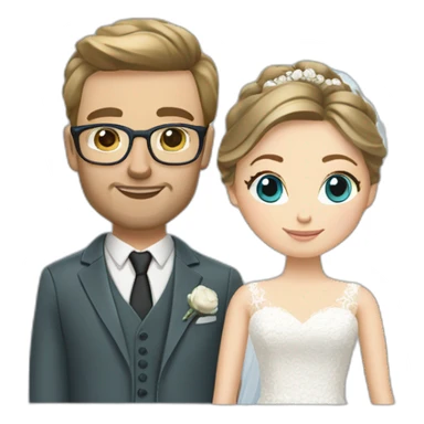 Wedding couple. Bride has brown hair pinned up. She wears lace dress. She has blue eyes. Groom has olive green suit and brown vest. He has blond hair. He wears glasses. He has blue eyes too. sticker