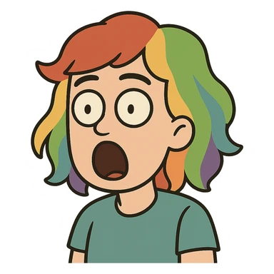 flat toon style cartoon face gasping with a colorful wig sticker