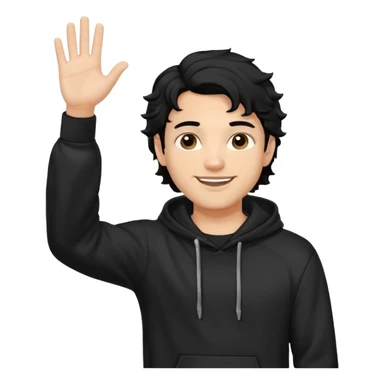 Now create man waveing with one hand with little bit wavey dark black hair with black hoodie on and make him light skin. his haircut is mid fade with hair on his forehead sticker