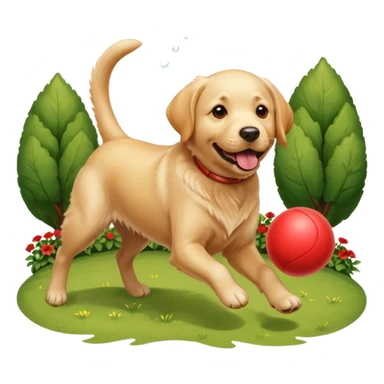 A Labrador Retriever playing fetch with a ball in a backyard garden, mid-action with joyful expression. Natural sunlight, realistic motion blur, outdoor realism. sticker