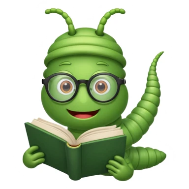 green Worm with glasses reading book sticker