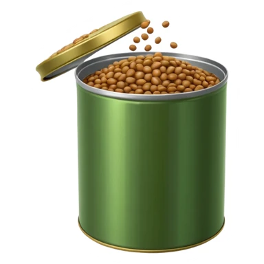glossy pile of brown-green cooked lentils inside an open tin can, moist and shiny, soft rounded shapes, a few lentils spilling near the edge, no spoon, no label, no garnish, soft lighting, subtle shadows, transparent background, emoji scale sticker