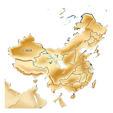 Cinematic-realistic outline of china, featuring its distinct landmass with accurately defined coastlines. The deep blue ocean surrounds the golden-brown continent, with subtle topographic shading to highlight its terrain. A soft glowing effect enhances the edges, making the shape stand out against a neutral, textured background. sticker