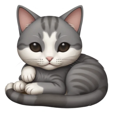 dark grey and white small cat with his eyes closed, leaning his head on his paw while leaning on his elbow lying down sticker