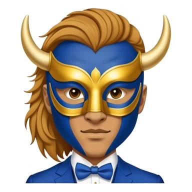 a man, with a Blue suit,  wear half-face golden Buffalo masquerade mask sticker