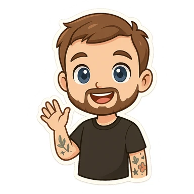 cute chibi cartoon-style male character, front-facing, short brown hair, neatly trimmed short beard, large blue eyes, smiling, waving with right hand, visible tattoos leaf star flower on left arm, wearing simple black t-shirt, smooth shading, clean lines sticker