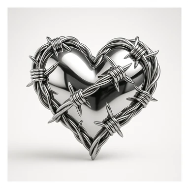 a heart made of barbed wire, metallic 3D style, shiny, reflective sticker