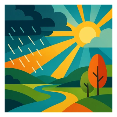 landscape scene where the rain ends and the first rays of sun pierce through the clouds, conveying hope sticker
