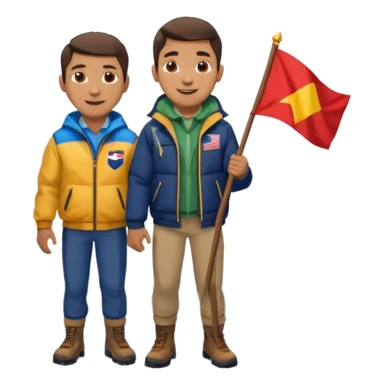 smiling guy on a mountain with snow, mountain visible under his legs, holding a flag sticker