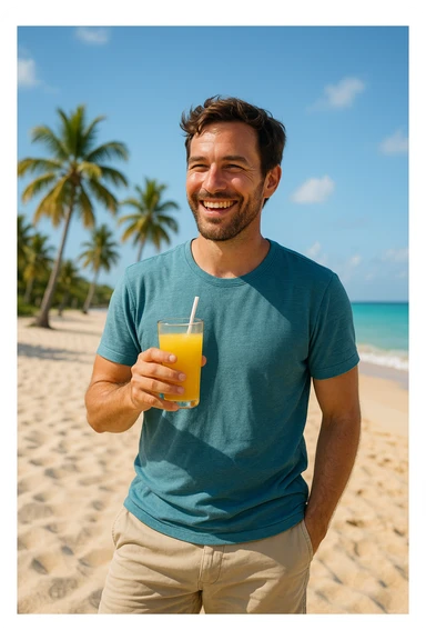 take this picture of a man and make it  beach photo with drink sticker