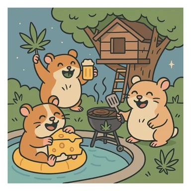 Discord server icon, square format, summer pool cookout scene with up to 3 hamsters, weed leaves, cheese, and THC theme, near a treehouse, possibly in space, flat toon style, soft but colorful, bold outlines, nostalgic, fun, inviting, summer party vibe, clear composition, less vibrant colors sticker