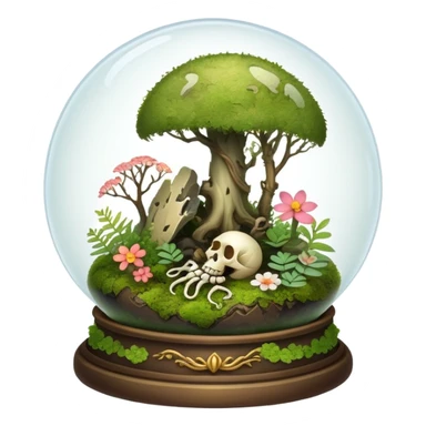 Mystical woodland glass-dome-terrarium-globe with moss inside, with bones inside, and flowers inside  sticker