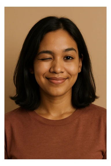 portrait of a light brown skinned female with shoulder length black hair, winking, simple background sticker