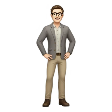 Joyful Full height Pale skinned Fit Man With dark brown hair in gray jacket, beige office shirt, Brown pants and vintage glasses. His thrumbs up sticker