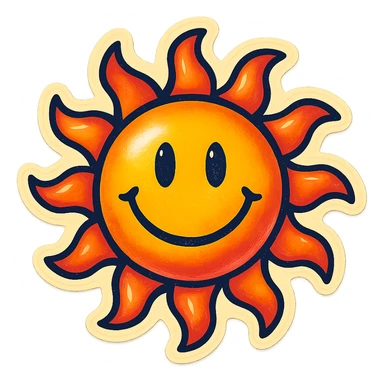 retro sticker art of a smiling sun with bold lines, no border, transparent background sticker