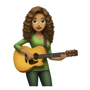 Mujer joven cabello castaño largo, ojos color miel tirando a verdes con un micrófono y tocando la guitarra sticker