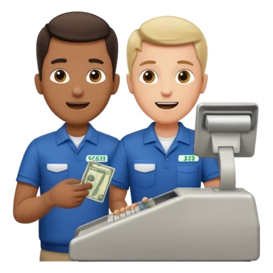 Supermarket employee at a cash register, full body, serving a man surprised sticker