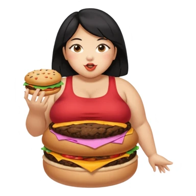 create a humongous asian girl with black hair, with 2 burgers and a cookie in her mouth, she is super obese, please make her a full body emoji, mega huge tummy   sticker