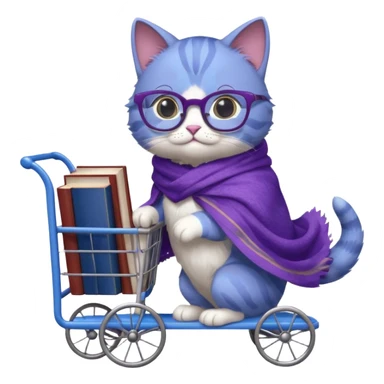 Purple and blue cat with reading glasses and a shawl, pushing a cart full of books sticker