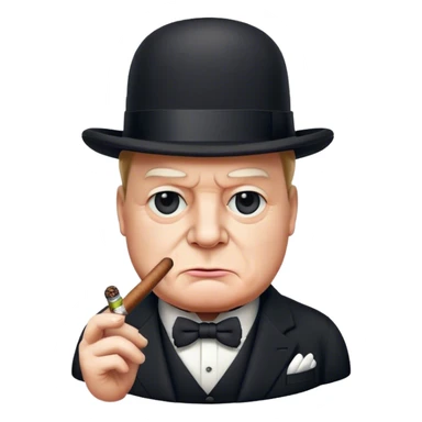 Cinematic Realistic Winston Churchill Portrait Emoji, depicted as a resolute British statesman with a signature bowler hat and a cigar, exuding determined leadership and wartime valor, rendered with lifelike textures and dramatic vintage lighting that captures his iconic British spirit. sticker