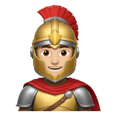 A friendly Trojan warrior mascot with a large cartoon-style head, wearing a silver helmet with a red crest and black cheek guards.  confident smile. The character wears dark armor with metallic details and a WITH yellow cape.  sticker
