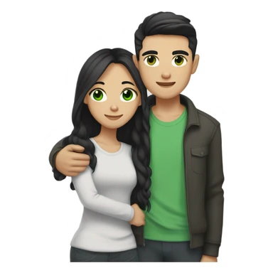 Light skin Asian male with straight black undercut hair and a white brunette female with green eyes and long wavy hair tightly hugging each other  sticker