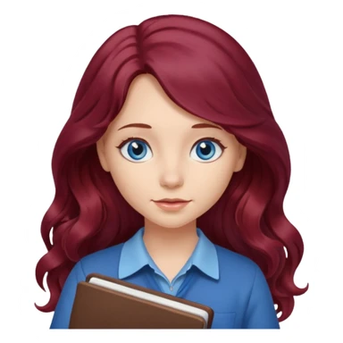 girl with long wavy burgundy hair, blue eyes and a notebook sticker