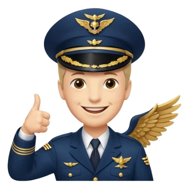 Slack-style emoji of a pilot wearing a slightly tilted navy captain hat with gold wings, giving a thumbs-up, big cheerful smile, eyes closed or happy squint sticker