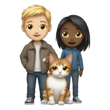 girl and boy holding a cat sticker