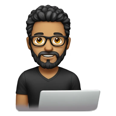 A boy with sun eyeglasse and long facial hair and white skin and black hair with laptop sticker