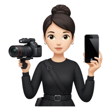 middle aged woman photographer with dark hair, slicked back in a bun, wearing black clothes, carrying a canon r5 and an iPhone on a gimbal sticker