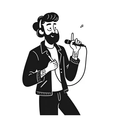 rock star with neat trimmed beard, tattooed arms, headphones resting on shoulders, happy expression, holding mic in one hand and pencil in other sticker