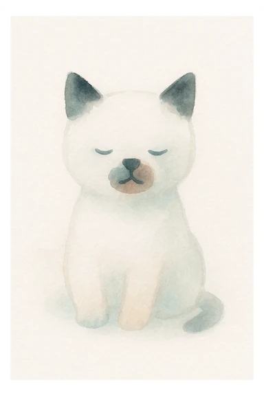 white kitten with a black spot on each ear and a black patch around its mouth, soft painterly style sticker