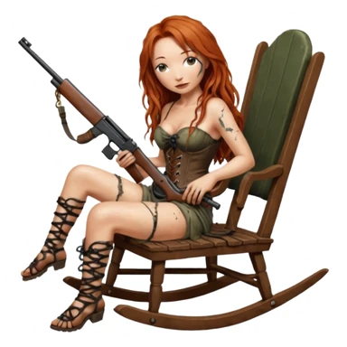 cinematic ultra HD Tori Amos casually crouches on a rocking chair in a torn corset, holding ashotgun and with muddy feet. a bronze snake wrapped itself around the chair sticker