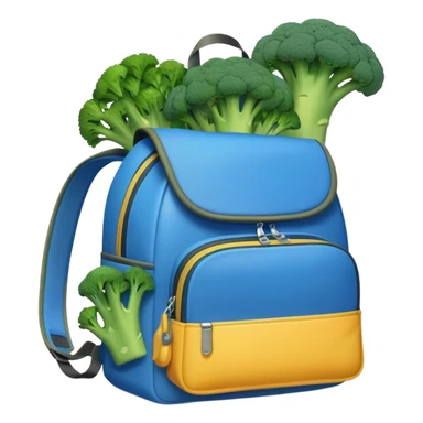 A Big Blue backpack with broccoli falling out sticker